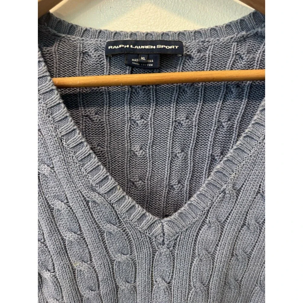 Polo Ralph Lauren Sport Blue Cable Knit V-Neck Sweater White Pony Women's XL